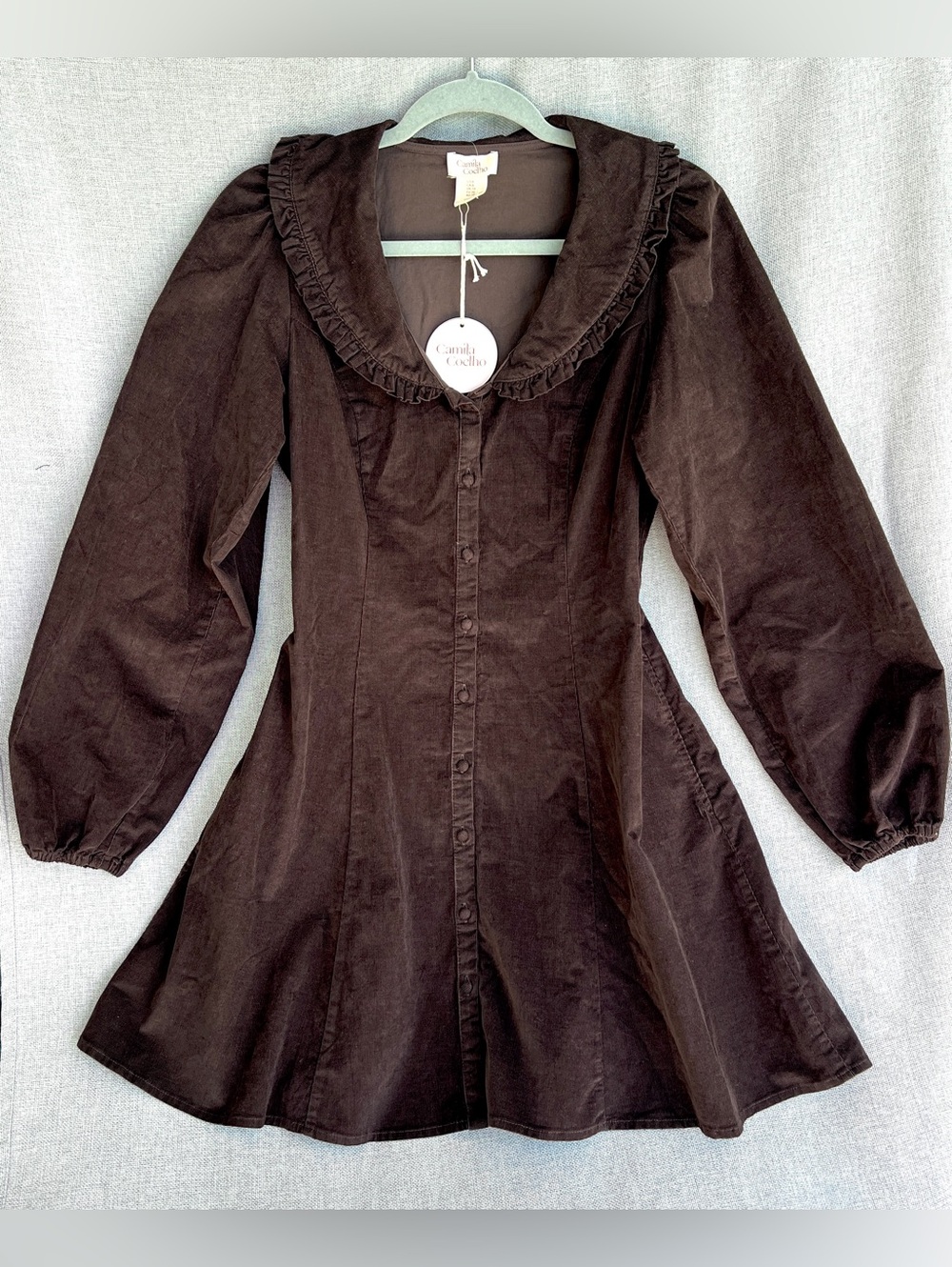 Camila Coelho corduroy velvet long sleeve button down mini dress brown size 6